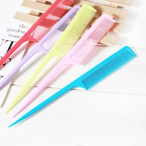 Colorful plastic tail combs for hair parting and styling, professional hairdressing tools.