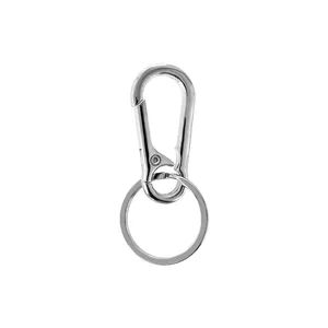 Silver metal carabiner keychain hook with split ring, durable hardware accessory for keys and bags.