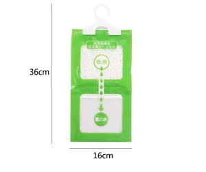 Hanging moisture absorbing bag detail view showing clear plastic packet and hanging hook design.