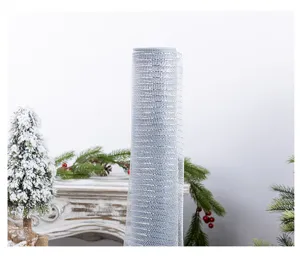 Close-up detail view of shiny silver decorative mesh ribbon for Christmas tree decoration