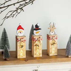 Set of 3 Christmas LED wooden ornaments with Santa, Snowman, and Reindeer designs