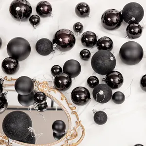 Set of black Christmas ball ornaments in shiny matte and glitter finishes 4cm 6cm 8cm