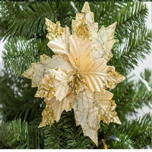 Exquisite champagne gold sequined artificial flower for festive Christmas tree decoration.