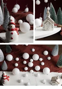 Close-up of white Christmas balls and ceramic snowman ornaments in a festive setting.