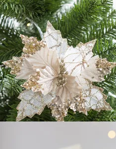 Close-up detail of champagne gold Christmas flower with glitter sequins for tree