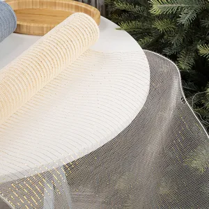 Elegant cream Christmas poly mesh ribbon with metallic gold stripes for tree decor