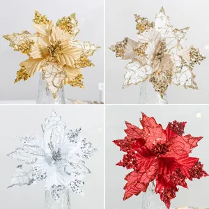 Glitter Sequin Poinsettia Artificial Christmas Flower Velvet Cloth DIY Christmas Tree Hanging Ornament For Festive Home Party Decor