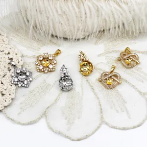 Copper Plated 18K Gold Micro Pave Rhinestone Castle Clover Heart Pearl Setting Pendant Only DIY Jewelry Accessory Finding
