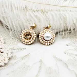 Macro view of round pearl pendant settings with 18K gold plated copper base for DIY