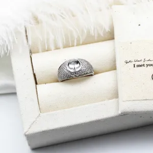 Nahaufnahme eines silbernen Ringrohlings mit Mikroeinlagen und einer leeren Perlenfassung