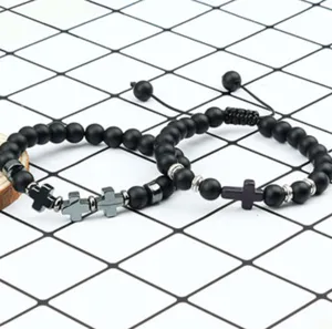 2Stuks Set 8mm Vulkanisch Gesteente Kruis Armband Yoga Zwarte Agaat Kralen Sieraden
