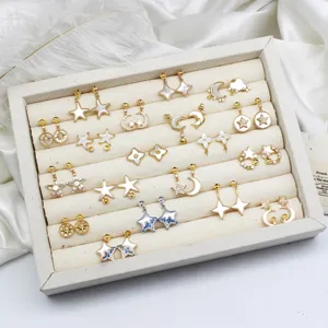 Componenti per Orecchini Fai da Te Stella Luna Intarsio in Madreperla Rame Placcato Oro 18K Perno Argento Sterling 925 Zirconia Parti per Gioielli
