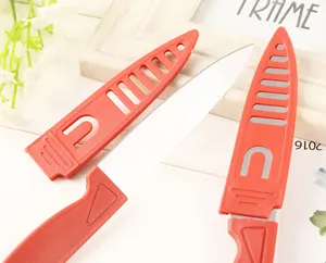 Stainless steel fruit knife with protective sheath for kitchen peeling and cutting tasks.