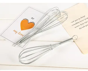 Stainless steel manual spring egg beater whisk, durable kitchen wire whisk tool detail view.