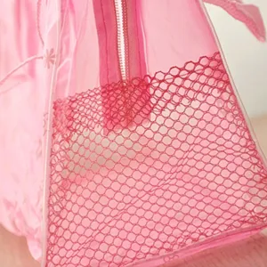 Bolso de cosméticos de viaje impermeable de PVC rosa con cremallera y bolsillo de malla.