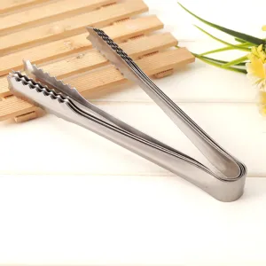 Stainless steel food tongs, ice tongs, bread and BBQ serving tongs with serrated teeth.