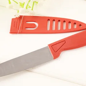 Red stainless steel fruit knife with protective sheath, kitchen peeling knife for daily use.