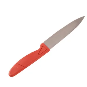 Stainless steel fruit knife with red plastic handle for kitchen cutting and peeling tasks.