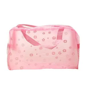 Bolsita cosmetica de viaje impermeable de PVC rosa con estampado floral, neceser.