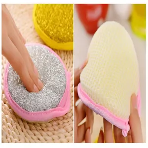 Double-sided round cleaning sponge scouring pad with pink edge for kitchen dish washing pan cleaning