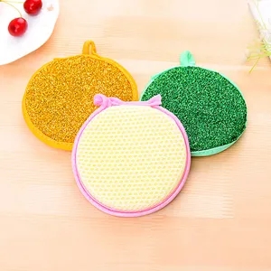 Creative round double-sided dishwashing sponge kitchen scouring pad cleaning cloth with hanging loop.