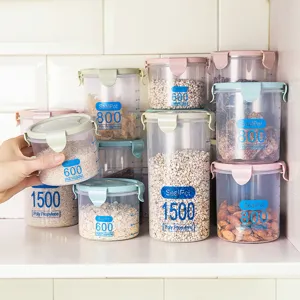 Plastic kitchen storage jar with airtight lid, clear container for grains and snacks.