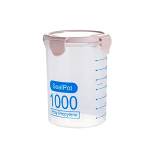 Clear plastic food storage jar 1000ml airtight container with measuring scale and pink lid.