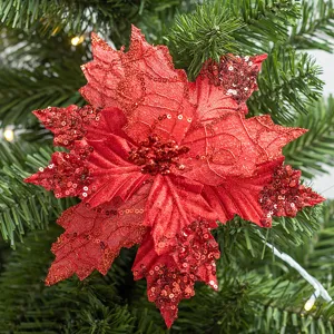 Detailed red artificial sequin velvet poinsettia flower for festive Christmas decor