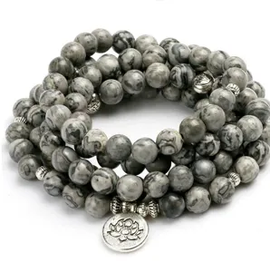 Natürlicher Achat Stein Mala Gebetsperlen Armband Halskette Legierung Lotus OM Böser Blick Lebensbaum Anhänger Schmuck