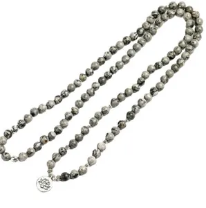 Naturachat Stein 108 Perlen buddhistische Mala Halskette mit Lotusanhänger Meditationsschmuck