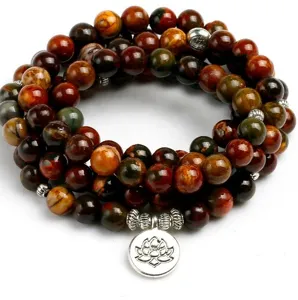 Pierre Naturelle Agate 108 Perles Mala Bracelet Collier Alliage Lotus Bouddha Charme Yoga Méditation Bijoux Cadeau