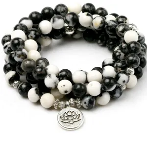 Bracciale Collana Mala Preghiera Budista in Perle di Pietra Naturale Con Ciondolo Loto Malocchio Gioielli Moda Per Unisex