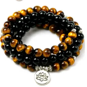 Obsidienne Naturelle Œil de Tigre 108 Perles Mala Bracelet Collier Alliage Lotus Bouddha Charme Yoga Prière Bijoux Cadeau