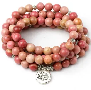 108 perle pietra rosa braccialetto collana ciondolo loto yoga meditazione buddista