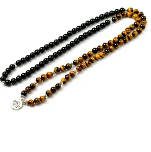 108 Perles Pierre Obsidienne Oeil de Tigre Collier Bouddhiste Pendentif Lotus Bijoux