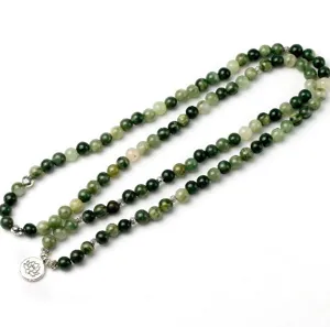 Collier mala yoga en pierres vertes 108 perles 8mm avec pendentif lotus en alliage
