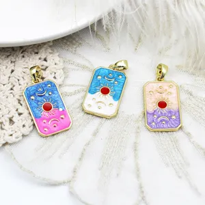Retro Tarot Card Rectangular Pendant Gold Plated Copper Enamel Evil Eye Sun Heart Mushroom Bird DIY Jewelry Charms For Necklace Making