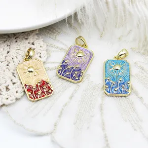 Detailed macro view of retro tarot sun pendants in multiple colors with gold plating