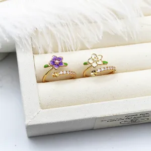 18K Gold Plated Copper Enamel Flower Adjustable Open Ring DIY Pearl Base 3D Rhinestone Animal Ring Jewelry For Women