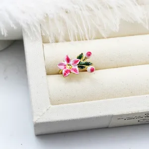 Detailed close-up view of a 3D enamel flower ring component with 18K gold plating
