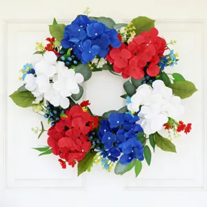 Ghirlanda di Ortensie Artificiali Patriottica Rosso Bianco Blu Fiori Finti Decorazione Porta per Giorno Indipendenza 4 Luglio