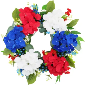 Ghirlanda Giorno Indipendenza Americana con ortensie rosso bianco blu per porta d'ingresso