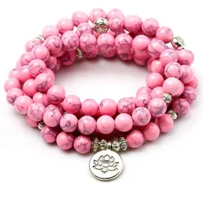 Bracelet Collier en Perles de Pierre Alliage Lotus Mauvais Œil Bouddha Charme 108 Perles Mala Bijou Prière Cadeau