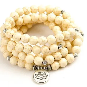 Bracelet Collier de Perles de Prière Mala en Pierre Naturelle Avec Pendentif Lotus Bouddha OM en Alliage Cadeau de Bijoux de Méditation de Yoga
