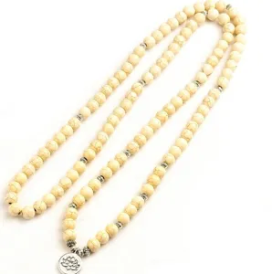 collier perles pierre turquoise blanche pendentif lotus yoga meditation bijou mode femme