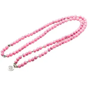 Collier mala 108 perles en turquoise rose avec pendentif lotus pour méditation et bijoux.