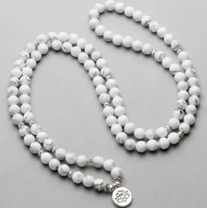 108 kralen mala ketting 8mm witte stenen zilveren lotus hanger meditatie sieraad