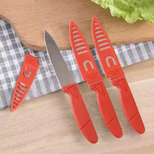 Stainless steel fruit knife set with red portable covers, perfect for kitchen daily use.