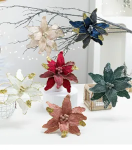 Assorted velvet artificial Christmas poinsettia flowers with glitter for DIY wreaths