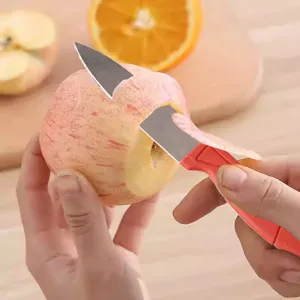 Portable stainless steel fruit knife with red handle for kitchen peeling and slicing tasks easily.